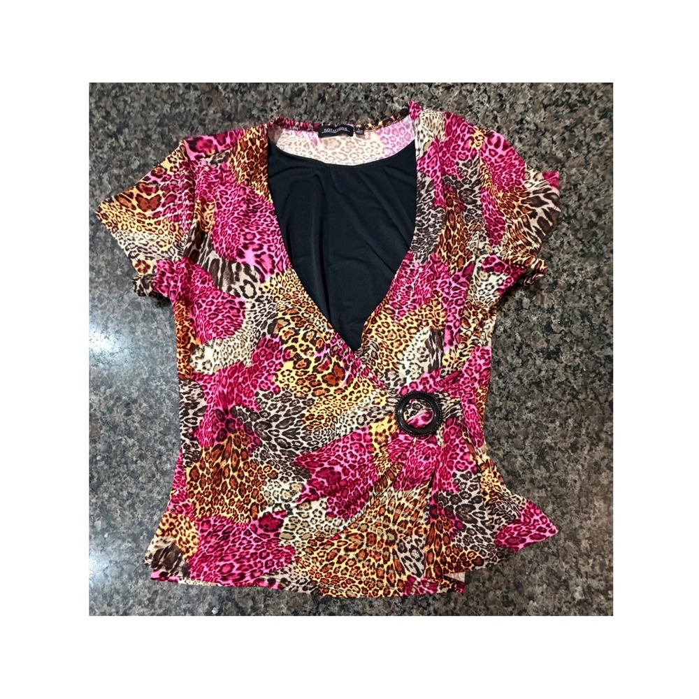 Notations Womens Pink Leopard Animal Print Faux Wrap Top O-Ring Detail Size L